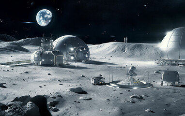 illustration of a new space station on the moon. lunar base with advanced infrastructure sits under 