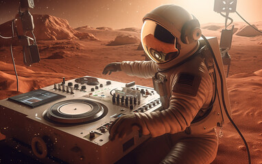 Wall Mural - astronaut dj on the mars. astronaut mixing music on mars, highlighting a fusion of terrestrial hobbi