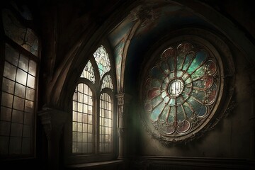  Desolate Stained Glass Windows Glimmer in the Gloomy Congregation Generative AI