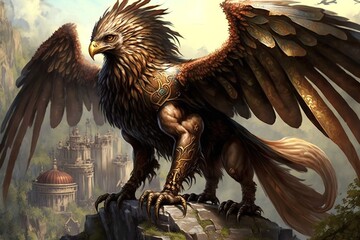 Wall Mural - glory from afar - the majestic sheer strength of a fantasy griffin generative ai
