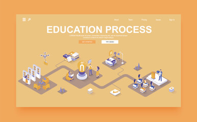 Poster - Education process concept 3d isometric landing page template. People studying, attend classes and library, discuss with students, graduation. Vector illustration in isometry graphic design.