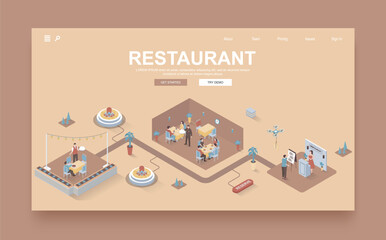 Poster - Restaurant concept 3d isometric landing page template. People visit restaurant, book tables, staff works at reception, waiter brings orders. Vector illustration in isometry graphic design.