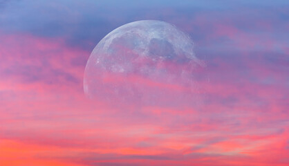 Wall Mural - Full moon rising between pink clouds at sunset.