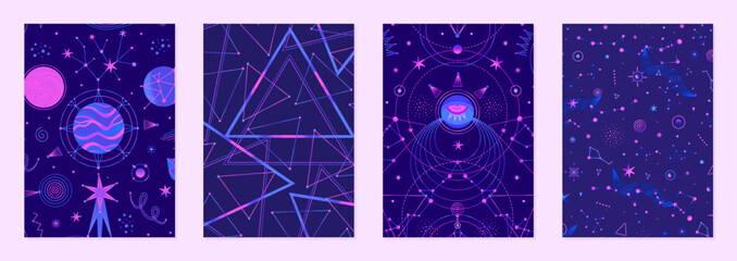 Set of vector illustrations of abstract celestial bodies. Constellations, stars, planets. Space universe. Esoteric cosmic designs for posters, notebook covers. Blue and pink colors