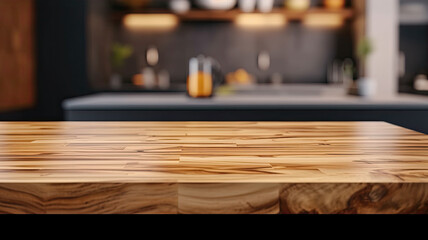 Wall Mural - Wooden texture table top on blurred kitchen window background. For product display or design key visual layout. For showcase or montage your items (or foods). Product display mock up. Generative AI