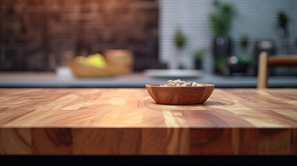 Wall Mural - Wooden texture table top on blurred kitchen window background. For product display or design key visual layout. For showcase or montage your items (or foods). Product display mock up. Generative AI