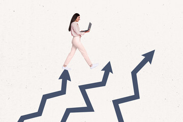 Aufkleber - Creative collage portrait of positive successful lady use netbook walk climb growing arrows upwards isolated on white background