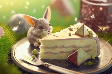 Cartoon matcha cake with fantasy creatures created with Generative AI 