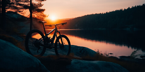 Canvas Print - An electric bike against the backdrop of a mountain peak. The sunset