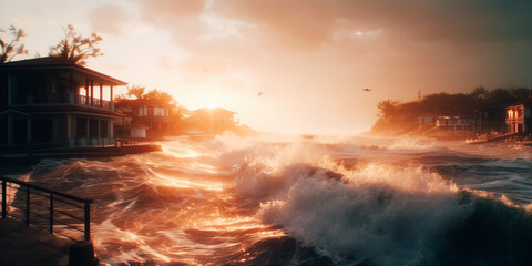 Poster - Tsunami with a large wave hitting coastal houses