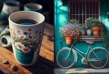 A Painting Of A Bicycle Parked Next To A Flower Pot With Flowers Growing Out Of It And A Cup Of Coffee On The Side Of The Street.  Generative Ai