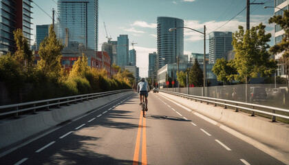 Poster - Healthy athletes jog through modern urban cityscape generated by AI