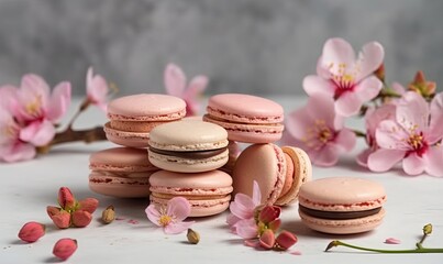 Wall Mural - Tasty macarons and flower on light background, generative AI