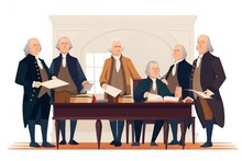 Flat Illustration Of Founding Fathers Signing Declaration Of Independence, Patriotic Color Scheme. Generative Ai