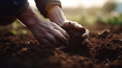 Hand of farmer inspecting soil health before planting in organic farm. Soil quality Agriculture, gardening concept