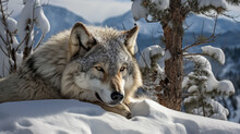 Grey Wolf Resting In The Snow. Peacefully Lying Wolf Close Up In A Wild. 
