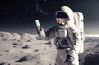 Astronaut using smartphone standing on the Moon, generative ai