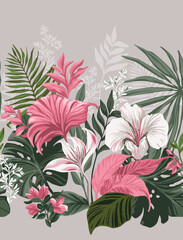 Poster - Tropical flowers and leaves. Seamless Coupon. Exotic wildlife pattern for fabric, wallpaper and other surfaces. 