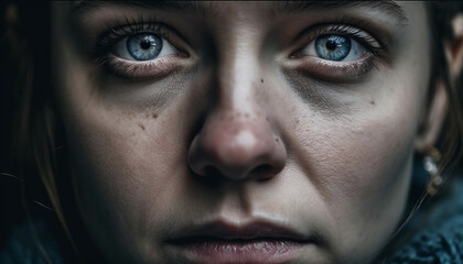 Poster - Young adult woman portraits sadness and fear generated by AI