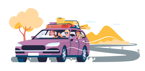 Wall Mural - Summer travel by car. Family auto vacation. Road trip. Holiday transport driving. Baggage on vehicle roof. Automobile tourism. Adventure journey. Parents with children. Vector concept