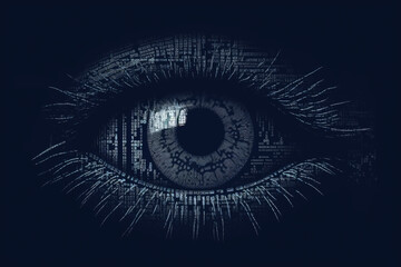 ASCII Art style Illustration of eye over blue background. Generative AI