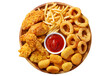 plate of fast food meals : onion rings, french fries, chicken nuggets and fried chicken isolated on transparent background, top view