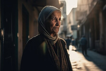 Senior Muslim Woman In Warm Clothes Standing On Street