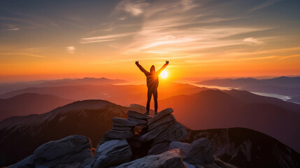 Photo of a person standing on a mountain, victory, success, triumph, freedom, Generative AI
