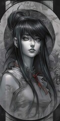 Wall Mural - dark Anime girl charcoal sketch Generative AI