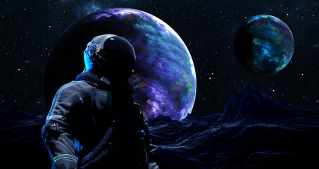 Wall Mural - astronaut cosmonaut discovery of new worlds of galaxies panorama, fantasy portal to far universe. as