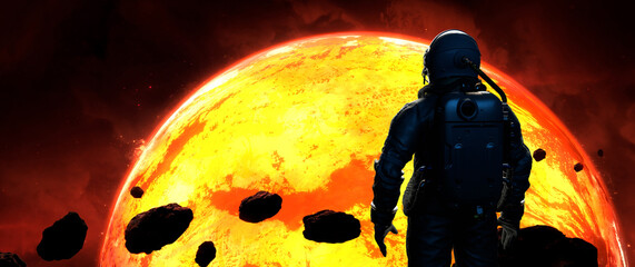 Wall Mural - astronaut cosmonaut discovery of new worlds of galaxies panorama, fantasy portal to far universe. as
