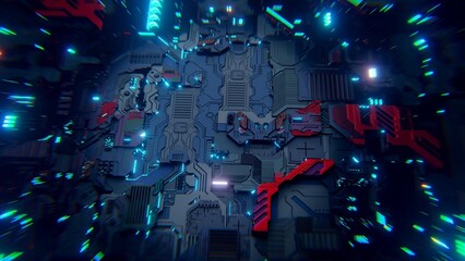 Poster - Electronic board, digital components, futuristic design, computer motherboard. Radiators cooling system. Space station skin. 3d render