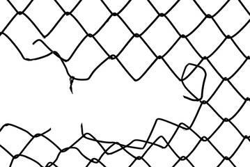 The texture of the metal mesh. Torn, destroyed, broken metal mesh on a white background