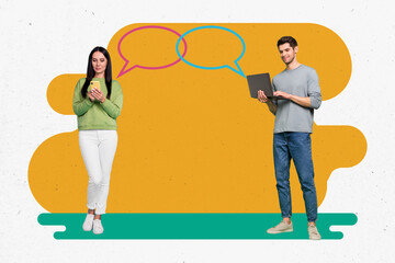 Poster - Collage picture of two positive people use netbook smart phone chatting dialogue bubble isolated on painted background