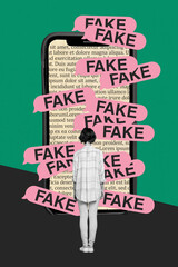 Poster - minimal creative photo collage of young woman watching big smartphone display red fresh fake news is