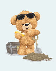 Wall Mural - Vector illustration of teddy bear holding gold, digging treasure with shovel