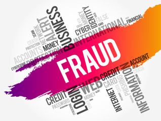 Poster - FRAUD is intentional deception to secure unfair or unlawful gain, or to deprive a victim of a legal right, word cloud concept background