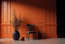 Local Style Empty Room With Blank Orange Wall 3d Render,There Are Old Wood Floor Decorate With Black Metal Chair And Terracotta Jar With Dry Reed Flower. Generative AI