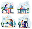 A depiction of the home office theme, featuring a man and women working remotely, engaging in studies or freelancing activities. Adorable vector illustration in a flat design style