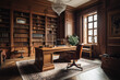 © MVProductions - Large office with wooden bookshelf covered walls, and large wooden desk. Generative AI