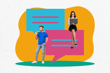 Fototapete - Creative collage photo artwork 3d sketch of young cheerful people talking communicating writing messages isolated painted background