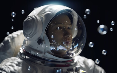 Wall Mural - close-up of an astronaut's face encased in a helmet, surrounded by floating soap bubbles, capturing 
