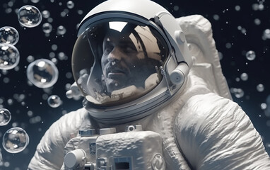 Wall Mural - detailed image of an astronaut floating amidst soap bubbles, reflecting the wonder and curiosity of 