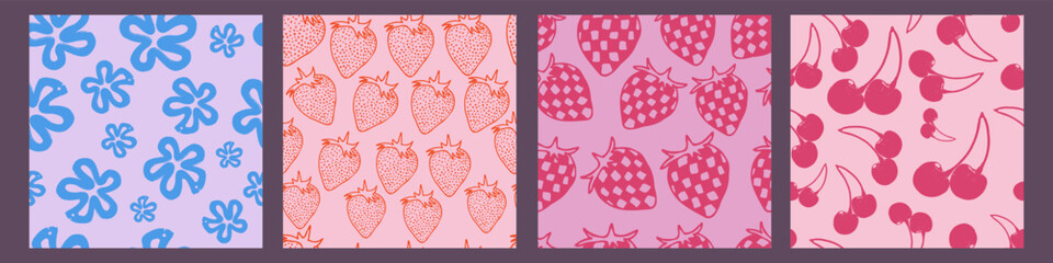 Poster - Cool Groovy Seamless Patterns. Trendy Y2k backgrounds with Strawberry, Cherry, Flower.