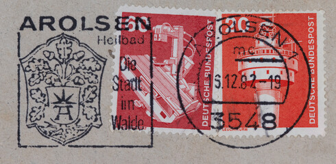 Wall Mural - briefmarke stamp vintage retro alt old rot red orange slogan stempel werbung arolsen heilbad stadt der walde leuchtturm light house röntgengerät x-ray 1982 gestempelt frankiert cancel cancellation