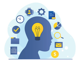 Poster - business intelligence concept. abstract silhouette of head with light bulb. creative personality and