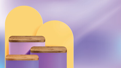 Wall Mural - Background for product scene. Wooden and purple product display podium on violet background with light for mock-up cosmetic, spa product. 3D Stage showcase on pedestal display studio