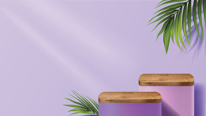 Wall Mural - Background for product scene. Wooden and purple product display podium on violet background with leaves for mock-up cosmetic, spa product. 3D Stage showcase on pedestal display studio.