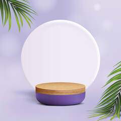 Wall Mural - Background for product scene. Wooden and purple product display podium on violet background with leaves for mock-up cosmetic, spa product. 3D Stage showcase on pedestal display studio.
