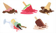 Vector Illustration of dropped ice cream on the floor. Vector isolated on white background. 3D cartoon Style. Waffle cone ice cream, stick ice cream, ice cream glass fell on the ground.